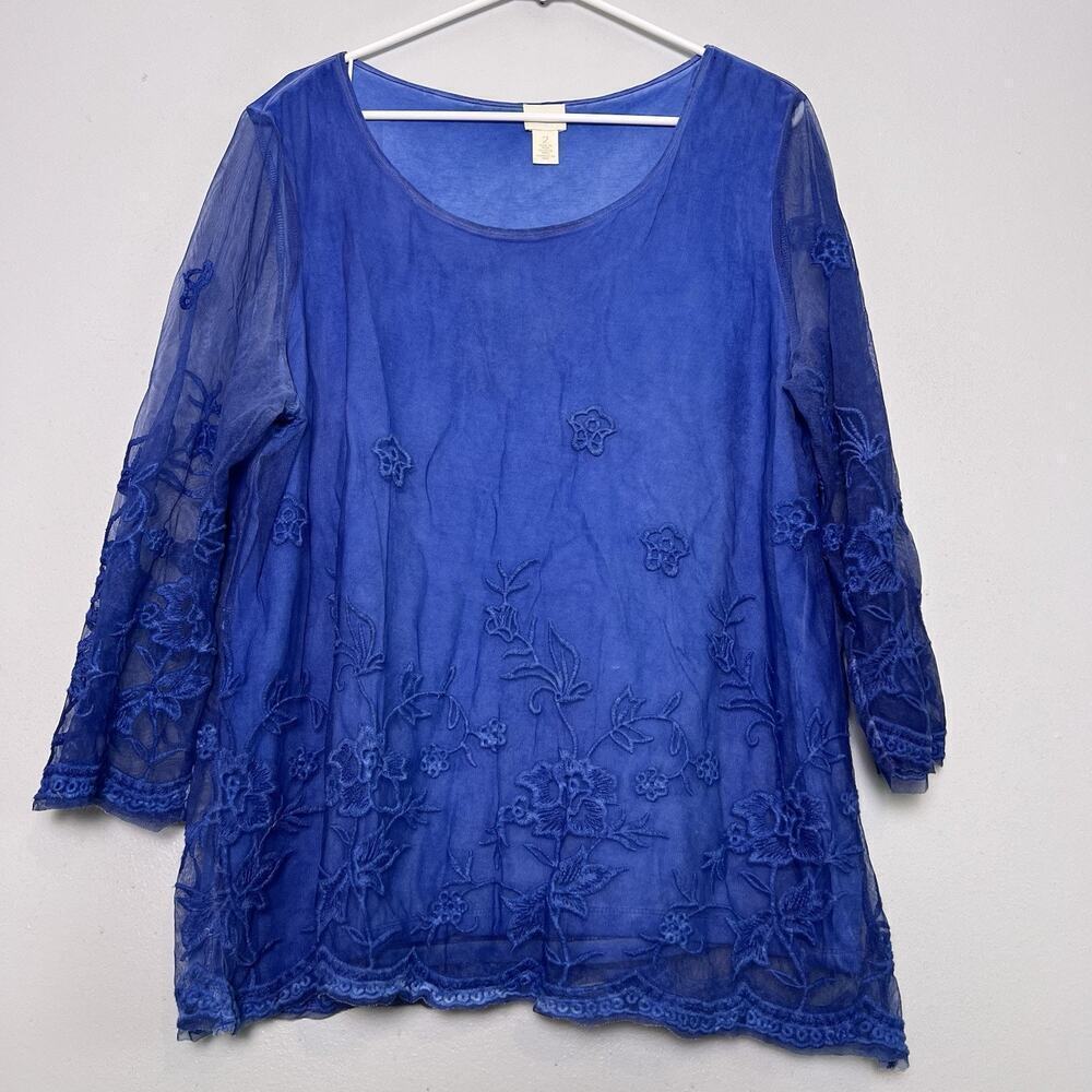 Chico's Women's Blouse Sz L Blue mesh floral embroidered layered